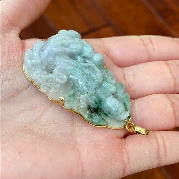 14K Solid Real Gold Natural Jadeite Jade Lotus Kwan Yin Lady Buddha Pendant 703