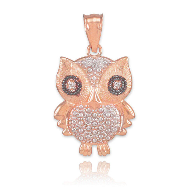 10K Solid Gold Owl Diamonds Pendant Necklace - Yellow, Rose, or White