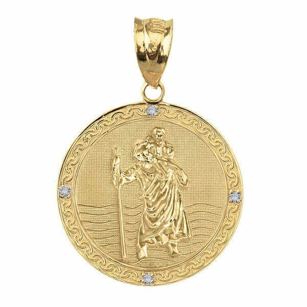 14k Yellow Gold St Christopher Circle Medallion 4 Diamond 1" Pendant Necklace