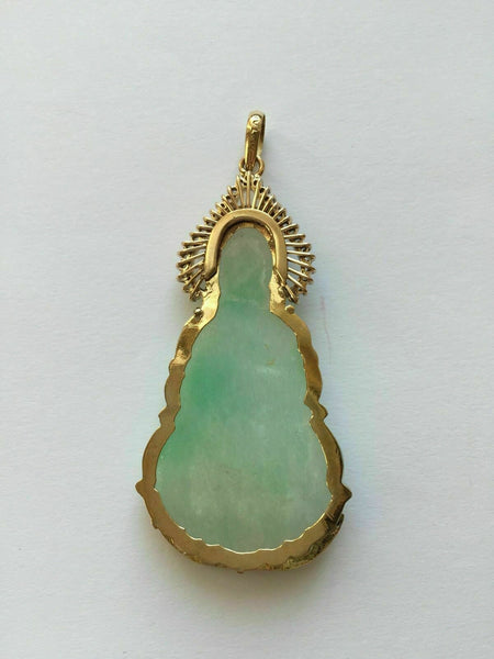 14K Solid Gold Guanyin Kwan Yin Female Buddha Jade Pendant Large