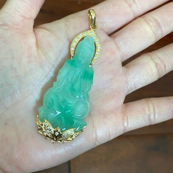 14K Solid Gold Guanyin Kwan Yin Female Buddha Jade Pendant Large Female