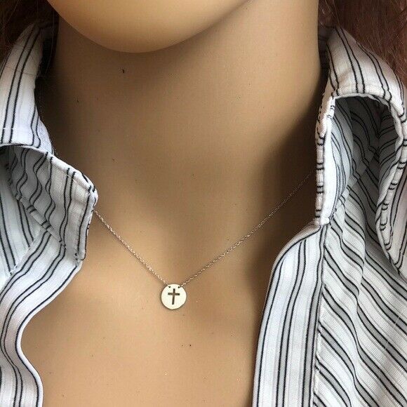 14K Solid Gold Mini Disk Cut Out Cross Religious Dainty Necklace - Minimalist
