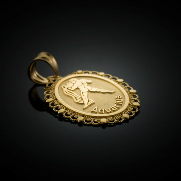 10k Solid Gold Aquarius Zodiac Sign Filigree Oval Pendant Necklace