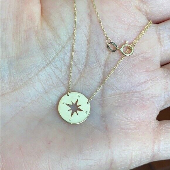 14K Solid Yellow Gold Mini Disk Disc Compass Necklace - Adjustable 16"-18"