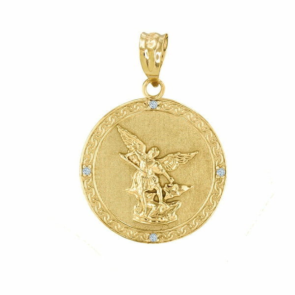 10k Gold St. Saint Michael Archangel Double Side Prayer Diamond Pendant Necklace