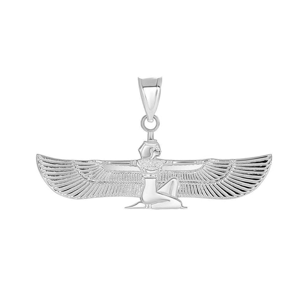 10K Solid White Gold Egyptian ISIS Goddess of Life Magic Winged Pendant Necklace