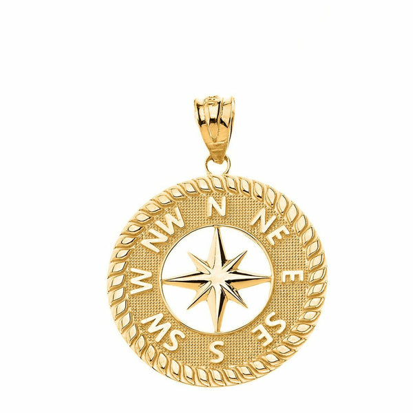 Solid 14k Yellow Gold Navigation Compass Circle Pendant Necklace