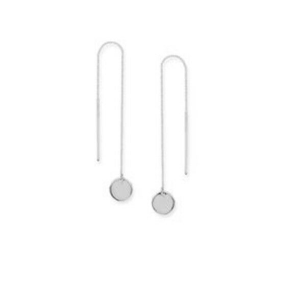 14K Solid White Gold Disc Disk Thin Box Chain Threader Earrings