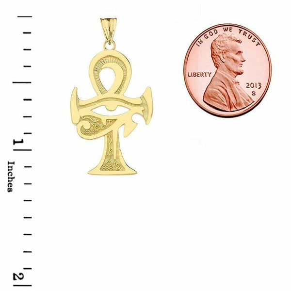 10k Solid Yellow Gold Egyptian Eye of Horus Ankh Cross Pendant Necklace
