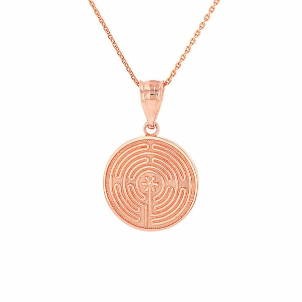 Solid 14k Rose Gold Maze Chartres Labyrinth Disc Medallion Pendant Necklace