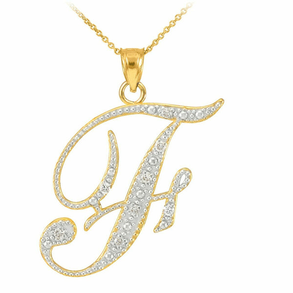 14k Solid Yellow Gold Diamonds Initial Script Letter F Pendant Necklace