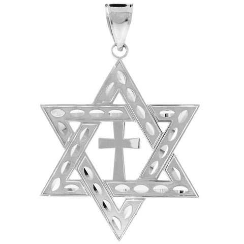 925 Sterling Silver Jewish Star of David With Cross Pendant Necklace Large 2.2"