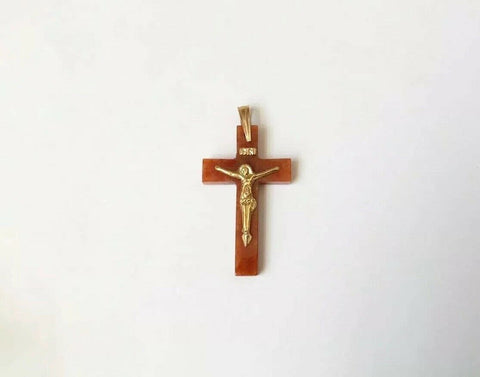 14K Yellow Gold Jesus Crucifix Red Jade Cross Religious Pendant - PP9