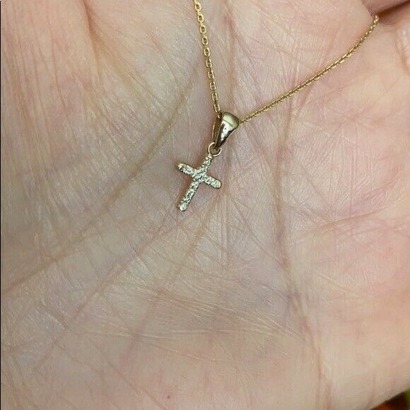 10k Solid Yellow Gold Mini Elegant Diamond Cross Pendant Necklace - Minimalist