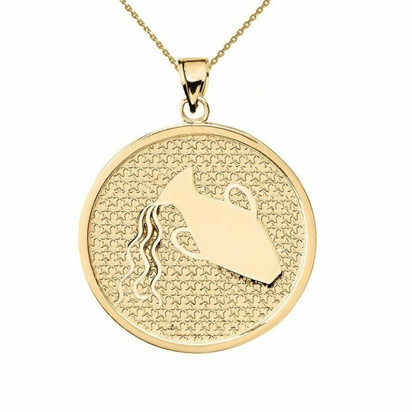 10K Solid Gold Aquarius Zodiac Sign Disc Round Pendant Necklace 16" 18" 20" 22"