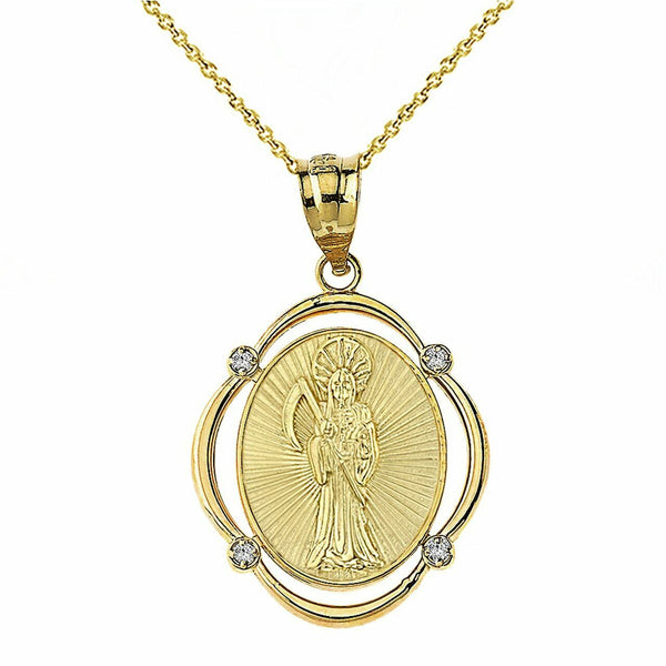 Solid 10k Yellow Gold Gold Santa Muerte Diamond Oval Frame Pendant Necklace