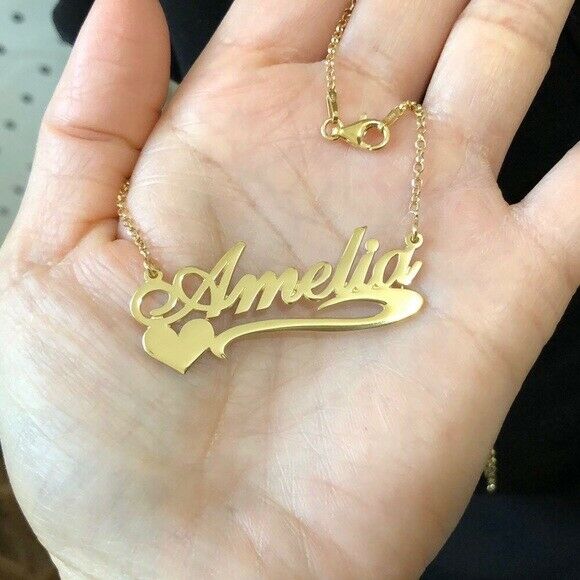 Personalized Gold over Sterling Silver Name Plate Heart Necklace - Amelia 18”