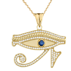 10k Solid Yellow Gold Eye of Horus with Blue Cubic Zirconia Pendant Necklace
