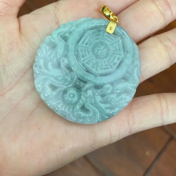 14K Real Gold Carved Jade Dragon Phoenix Yin Yang Round Pendant Large