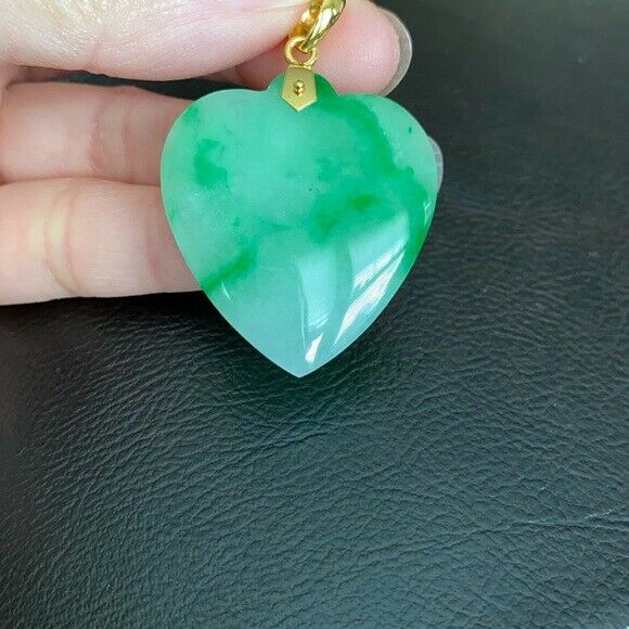 14K Solid Yellow Gold Large Heart Green Jade Pendant Charm