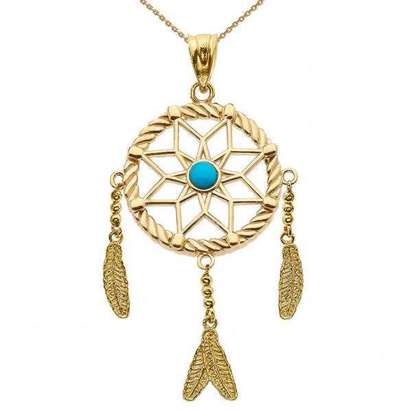 10k Solid Yellow Gold Turquoise Flower Dream Catcher Pendant Necklace