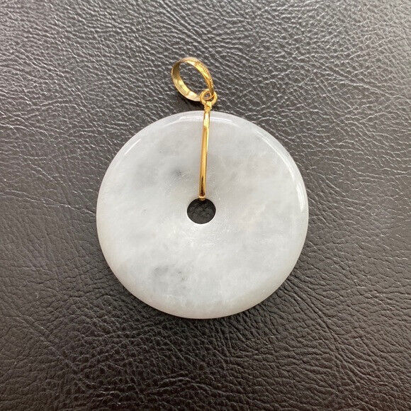 14K Solid Yellow Gold Round Large Donut Natural Jade Pendant Charm White