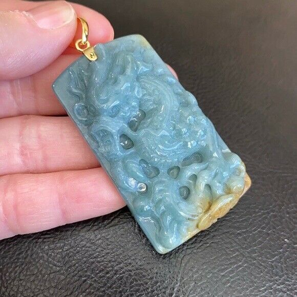 14K Solid Yellow Gold Carved Dragon Natural Jade Pendant Rectangle Men