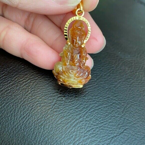 14K Solid Fine Real Yellow Gold Kwan yin Quan Buddha Red Jade Pendant Female