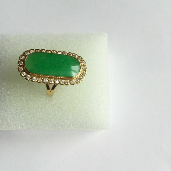 14K Solid Yellow Gold Green Jade Women CZ Ring Size 7.5