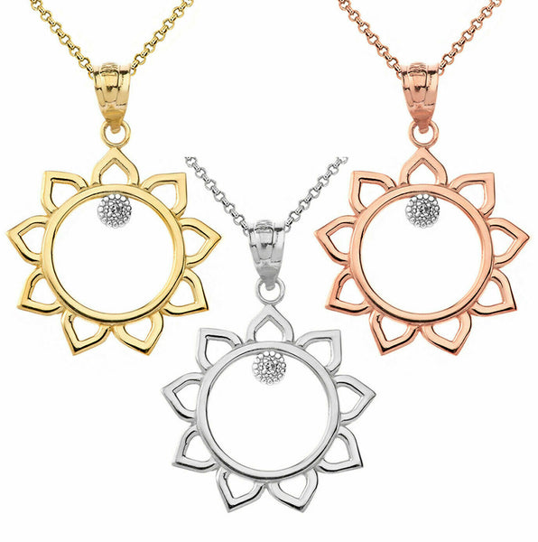 Solid Gold Yellow White Rose Diamond Sunflower Outline Openwork Pendant Necklace