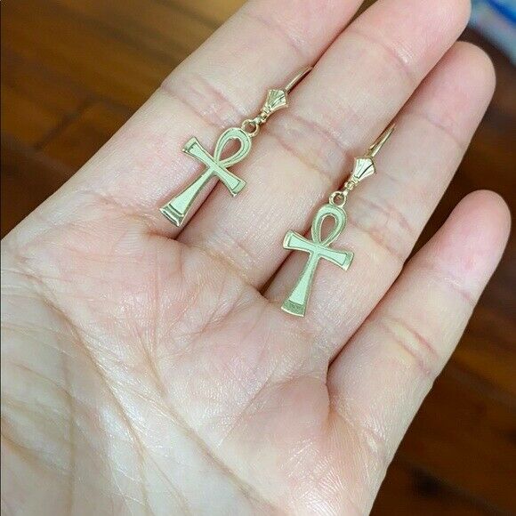 10k White Gold Ancient Egyptian Ankh Cross Drop / Dangle Leverback Earrings