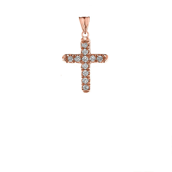 10k Solid Rose Gold Mini Elegant Diamond Cross Pendant Necklace - Minimalist
