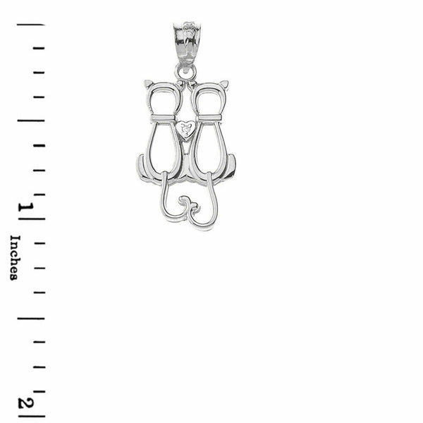 925 Sterling Silver A Pair of Love Cats Heart CZ Openwork Pendant Necklace
