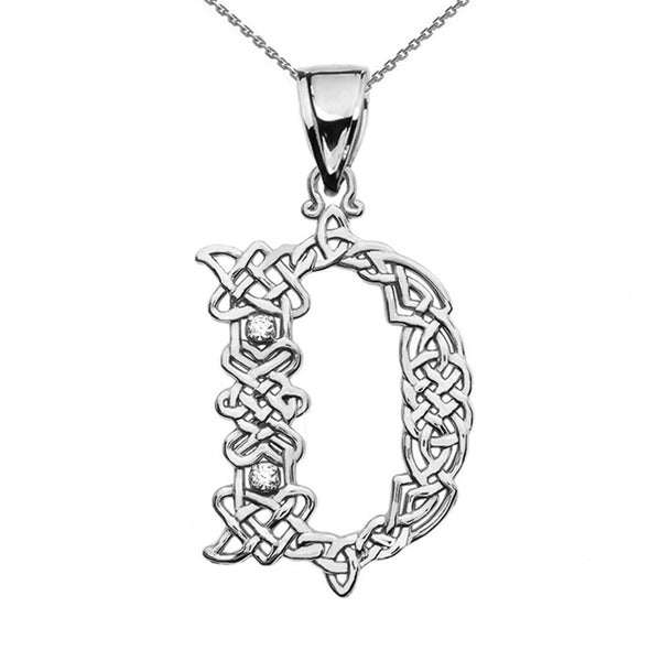 Sterling Silver CZ Celtic Knot Pattern Initial Letter D Pendant Charm Necklace