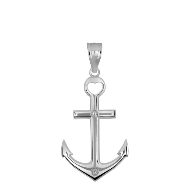 .925 Sterling Silver Sea Anchor CZ Cross Heart Pendant Necklace
