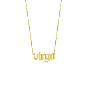 14K Solid Yellow Real Fine Gold Gothic Script Virgo Zodiac Necklace Adjustable