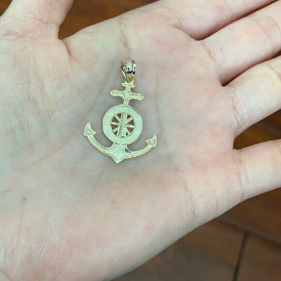 10K Solid Yellow Gold Mariner's Anchor Compass Pendant Necklace