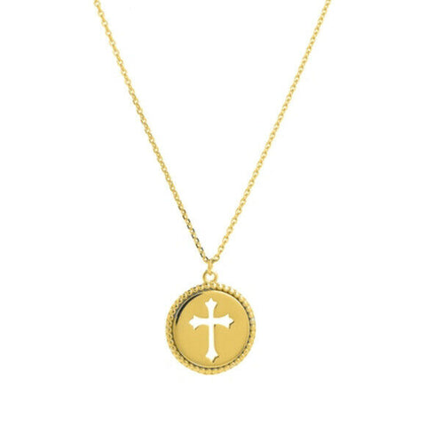 14K Solid Gold Small Disk/Dics Cut Out Cross Religious Necklace - Minimalist