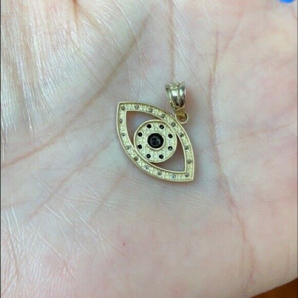 14k Real White Gold Evil Eye with 16 Clear and 8 Black Diamond Pendant Necklace