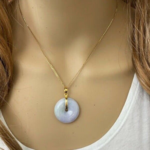 14K Solid Fine Real Yellow Gold Round Donut Natural Jadeite Jade Pendant