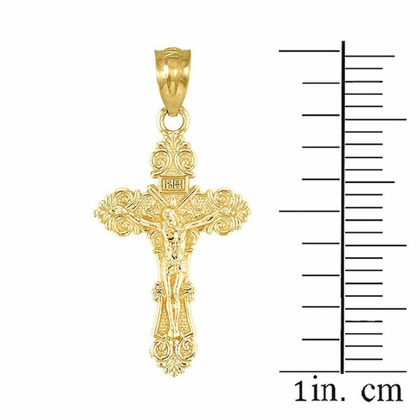 14k Solid Yellow Gold Dainty Floral Crucifix Pendant Charm Necklace