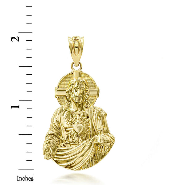 10k Solid Gold 3D Jesus Christ Sacred Heart Big Pendant Necklace
