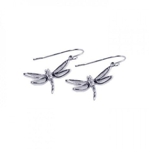 925 Sterling Silver Rhodium Plated Dragonfly CZ Hook Earrings