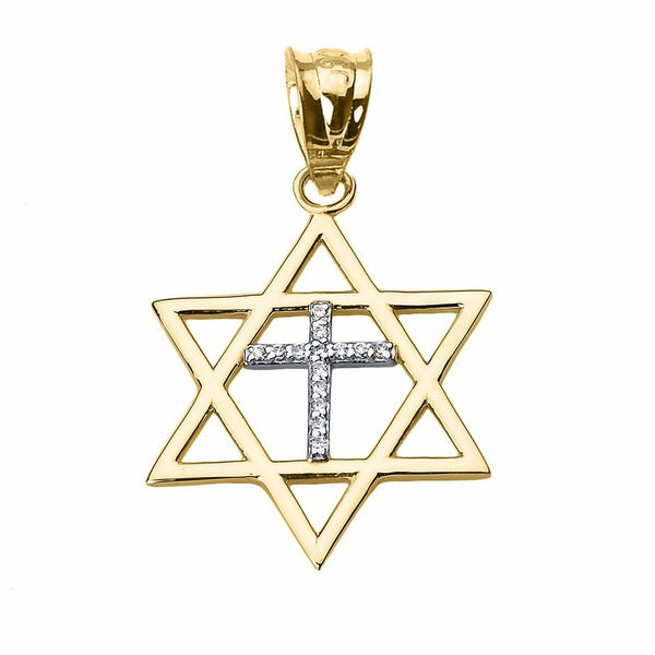 14k Solid Gold Jewish Israel Star of David with Diamond Cross Pendant Necklace