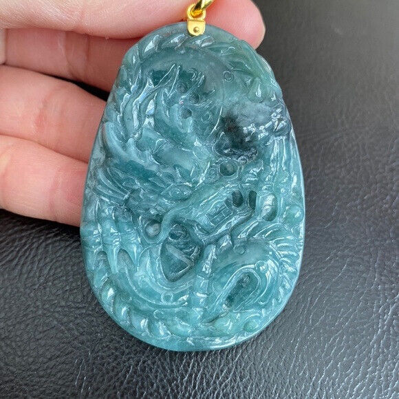 14K Solid Real Gold Carved Dragon Natural Jade Pendant Oval Large Men
