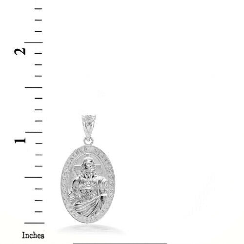 925 Sterling Silver 3D Jesus Christ Sacred Heart Narrow Oval Pendant Necklace