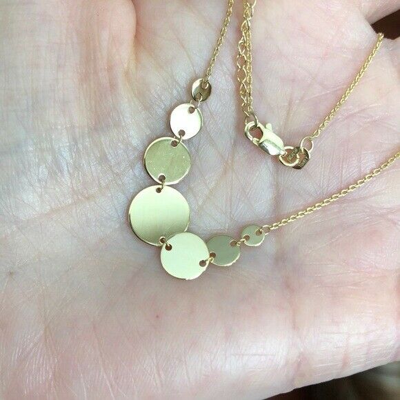 14K Solid Yellow Gold Graduated Disc Disk Necklace Adjustable 16" - 18"