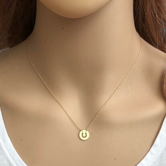 14K Solid Gold Mini Disk Horse Shoe Dainty Necklace - Minimalist Yellow 16"-18"
