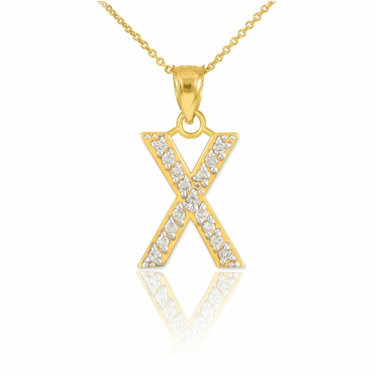 10k Solid Yellow Gold Diamond Monogram Initial Letter X Pendant Necklace