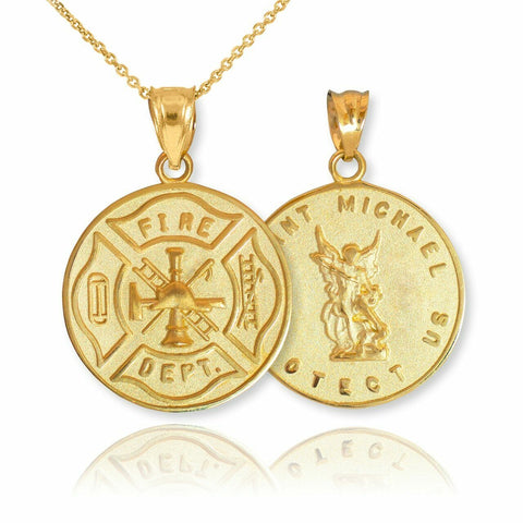 14k Solid Yellow Gold Firefighter Badge Reversible St. Michael Pendant Necklace